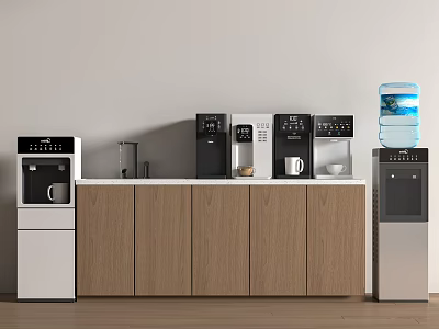 Modern Kitchen Interior With Coffee Machines Water Dispenser And Wooden Cabinets 3d model
