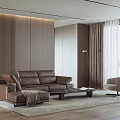 Modern Living Room Interior With Brown Leather Sofa Armchair And Wooden Wall Paneling