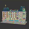 Lego Model Building With Blue Roof Beige Facade Flag Multi Story Windows Awnings Street Lamps