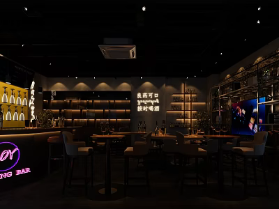 Modern Nova Bar Interior With Neon Sign Drink Shelves High Chairs Tables And TV Screen 3d model