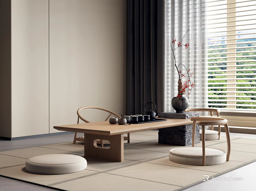 Minimalist Wooden Tea Table And Chairs With Tea Set And Flower Vase By Window 3d model 