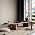 Minimalist Wooden Tea Table And Chairs With Tea Set And Flower Vase By Window