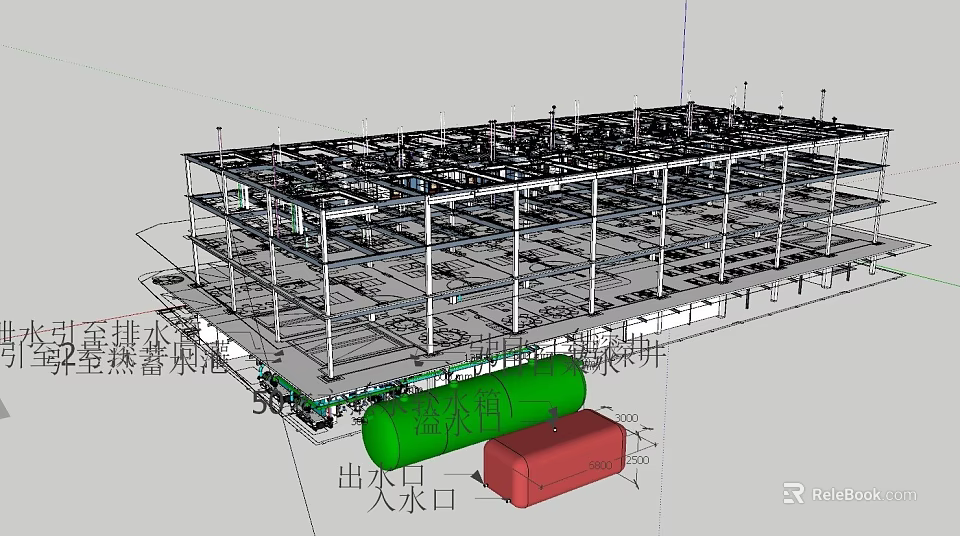 Industrial Equipment Structural Framework With Green Storage Tank And Red Container 3d model 