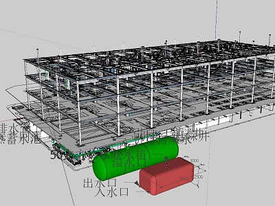 Industrial Equipment Structural Framework With Green Storage Tank And Red Container 3d model