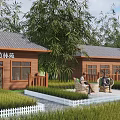 Wooden House in Bamboo Grove with Green Grass Lawn and White Picket Fence