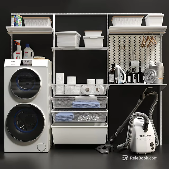 Bathroom Cabinet Rack With Washing Machine Dryer Storage Boxes Towels And Cleaning Supplies 3d model 