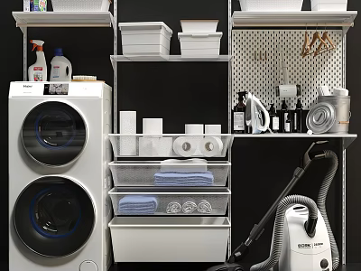 Bathroom Cabinet Rack With Washing Machine Dryer Storage Boxes Towels And Cleaning Supplies 3d model