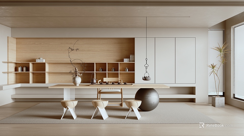 Modern Natural Tea Room Interior With Wooden Shelves Tea Set Simple Stools And Decorative Ball 3d model 