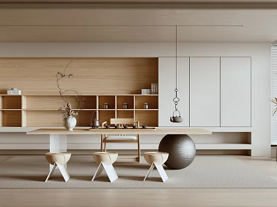 Modern Natural Tea Room Interior With Wooden Shelves Tea Set Simple Stools And Decorative Ball 3d model