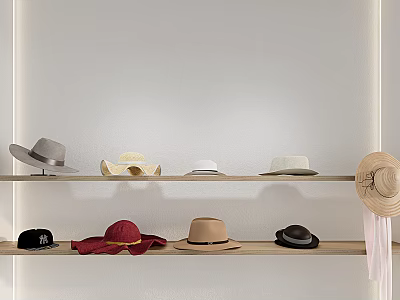 Various Styles And Colors Of Hats On Wooden Shelves With Wide Brimmed Baseball Straw Hats 3d model