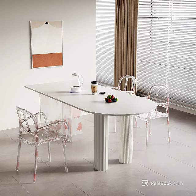 Modern Minimalist Dining Table Set With White Oval Table Transparent Chairs And Tabletop Items 3d model 