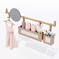 Wooden Wall Hook With Pink Polka Dot Dress Hanger And Storage Bags Holding Rabbit Toy