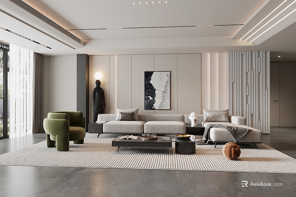 Modern Living Room Interior With Green Armchair Gray Sofa And Wall Artwork 3d model 
