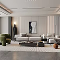 Modern Living Room Interior With Green Armchair Gray Sofa And Wall Artwork