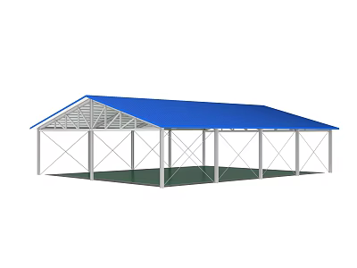 Blue Roof Metal Shelter With Open Metal Frame And Supporting Poles 3d model