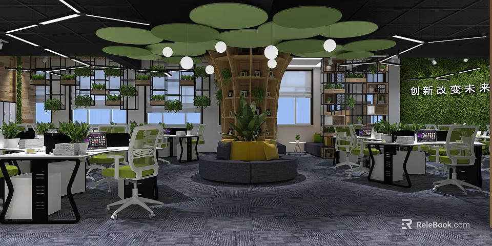 Modern Public Office Space With Green Circular Ceiling Decorations Indoor Plants White Chairs Lounge 3d model 