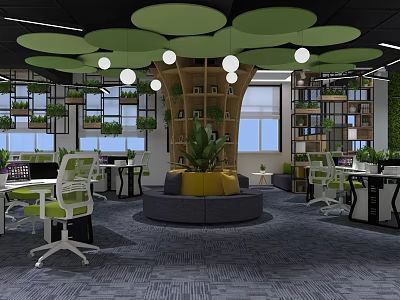 Modern Public Office Space With Green Circular Ceiling Decorations Indoor Plants White Chairs Lounge 3d model