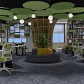 Modern Public Office Space With Green Circular Ceiling Decorations Indoor Plants White Chairs Lounge