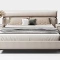 Modern Double Bed with Beige Upholstered Headboard Decorative Pillows Throw Blanket Nightstands and Lamps