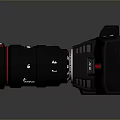 Professional Black Camera With Large Lens Red Accents Flash And Control Buttons