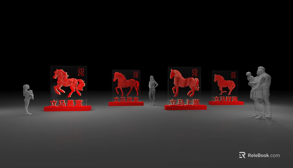 Red Chinese Horse Sculpture Photo Spot With Cultural Inscriptions And Artistic Design 3d model 
