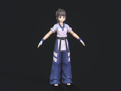Woman in Traditional Taekwondo Uniform with White Top Blue Pants Black Belt and Outstretched Arms 3d model