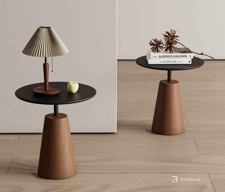 Modern Wooden Side Table With Conical Base Table Lamp Apple Books Pine Cones 3d model 