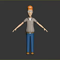 3D Worker Character Wearing Orange Safety Helmet Gray Shirt And Blue Pants With Outstretched Hands