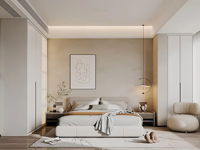 Modern Minimalist Bedroom Interior With Neutral Tones Bed Nightstands Wall Art And Accent Chair 3d model