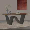 Elegant Dining Table With Black Wavy Legs Brown Tabletop White Vase And Stack Of Books