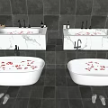 Luxurious Freestanding Bathtub With Rose Petals Against Gray Tiled Walls Marble Countertops And Slippers