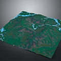 3D Mountainous Terrain Model With Winding Rivers And Lush Green Vegetation