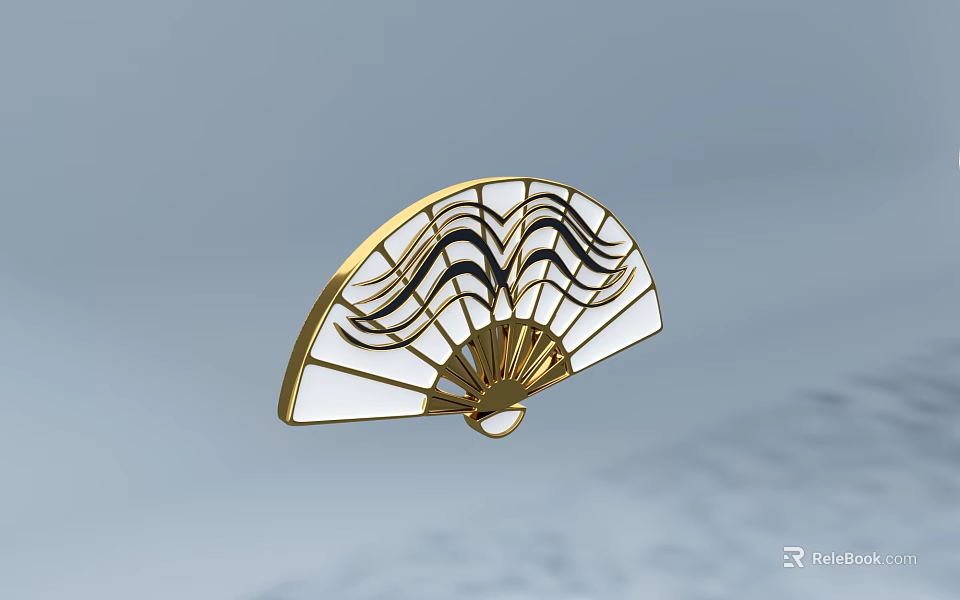 Fan Shaped Decorative Pendant with Golden Frame Black Wave Pattern and White Surface 3d model 