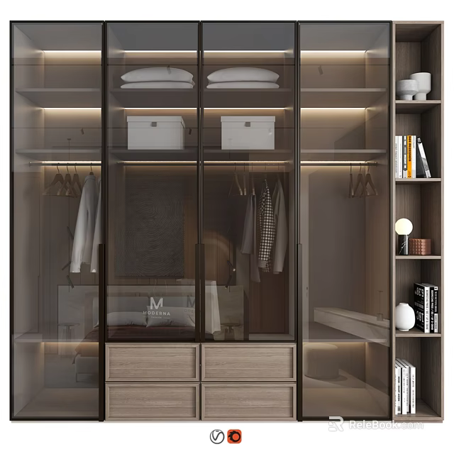 Stylish Chest of Drawers in Modern Wardrobe With Glass Doors And Storage Shelves 3d model 