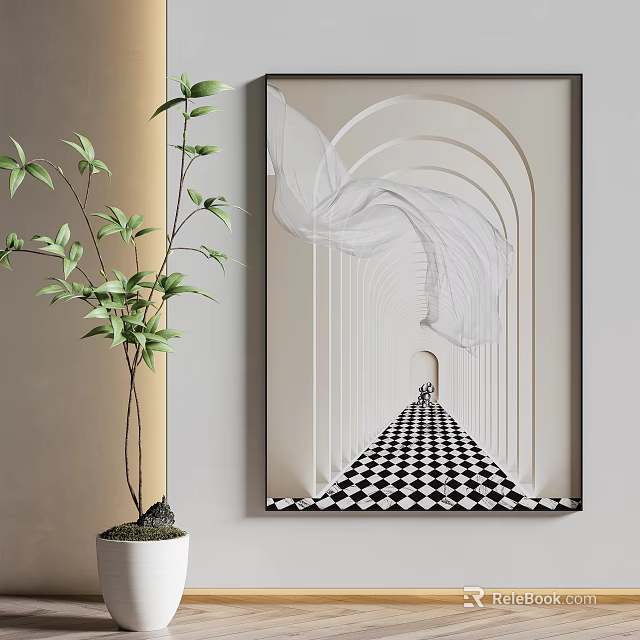 Minimalist Abstract Painting with Black and White Checkered Floor Arches Corridor Lines for Interior Decor 3d model 