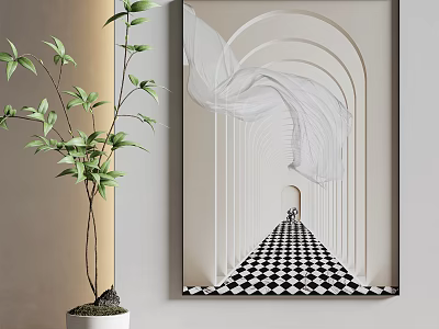 Minimalist Abstract Painting with Black and White Checkered Floor Arches Corridor Lines for Interior Decor 3d model