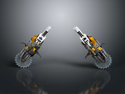 Chainsaw Weapon with Yellow Silver Parts and Serrated Blades on Gray Reflective Background 3d model
