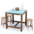 Rustic Dining Table Set With Blue Wooden Top Brown Frame And Four Stools