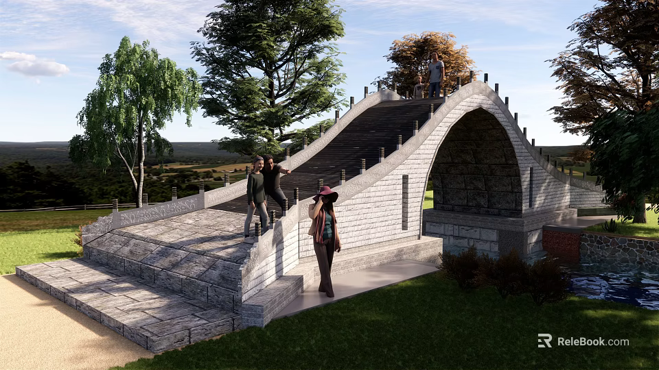 Scenic Stone Arch Landscape Bridge With Steps Trees And People Walking 3d model 