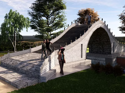 Scenic Stone Arch Landscape Bridge With Steps Trees And People Walking 3d model