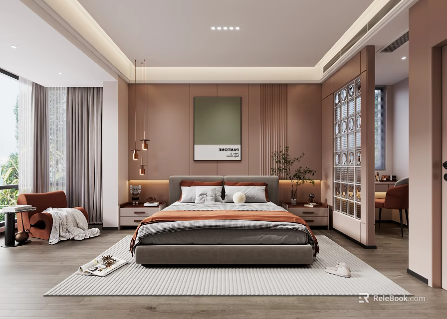 Cozy Modern Bedroom With Gray Headboard Orange Blanket Large Windows Wooden Walls And Rug 3d model 