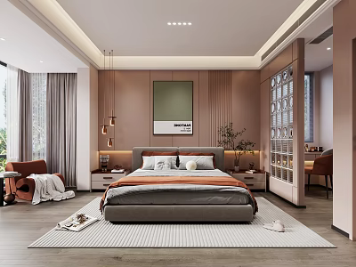 Cozy Modern Bedroom With Gray Headboard Orange Blanket Large Windows Wooden Walls And Rug 3d model