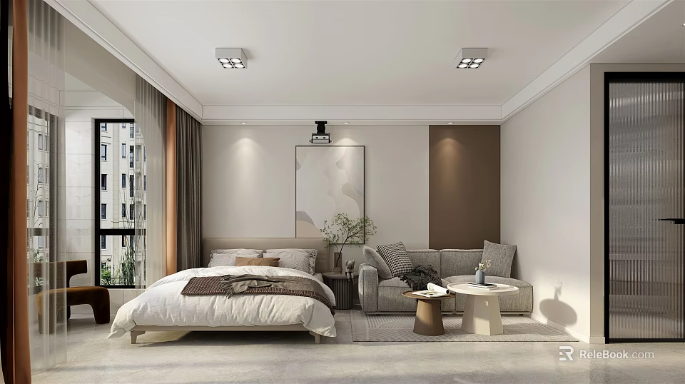 Modern Apartment Bedroom with Bed Sofa Window Curtains and Wall Art 3d model 