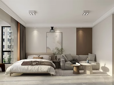 Modern Apartment Bedroom with Bed Sofa Window Curtains and Wall Art 3d model