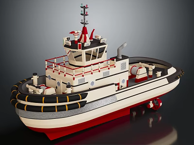 Wooden Tugboat with White Red Black Colors Upper Deck Railings Lifebuoy and Cabin Structure 3d model