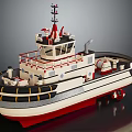 Wooden Tugboat with White Red Black Colors Upper Deck Railings Lifebuoy and Cabin Structure