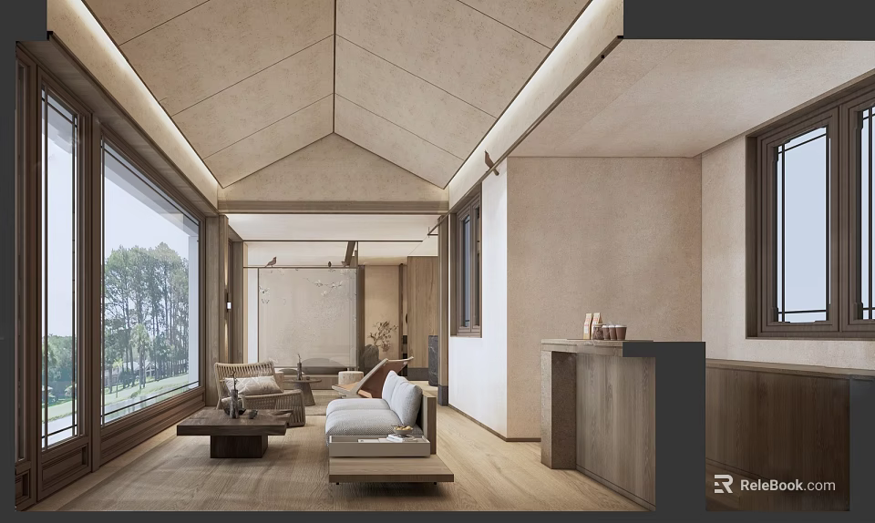Spacious Hotel Room Interior With Large Windows Natural Views Wooden Elements And Minimalist Design 3d model 