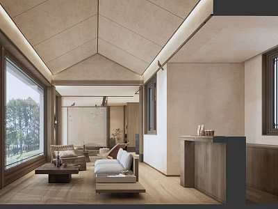 Spacious Hotel Room Interior With Large Windows Natural Views Wooden Elements And Minimalist Design 3d model