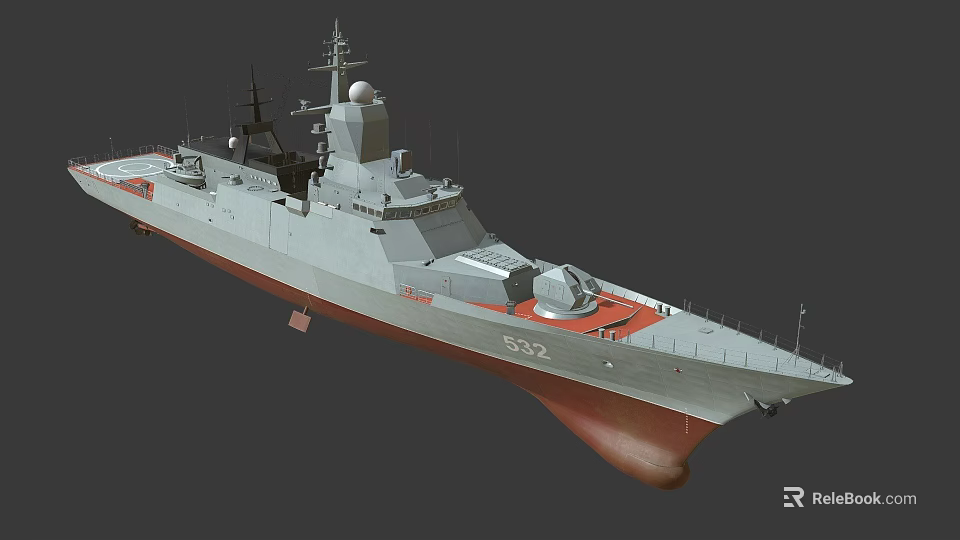 Modern Warship Design With Gray Hull And Red Bottom Equipped With Radar And Cannon 3d model 