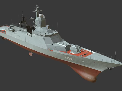 Modern Warship Design With Gray Hull And Red Bottom Equipped With Radar And Cannon 3d model